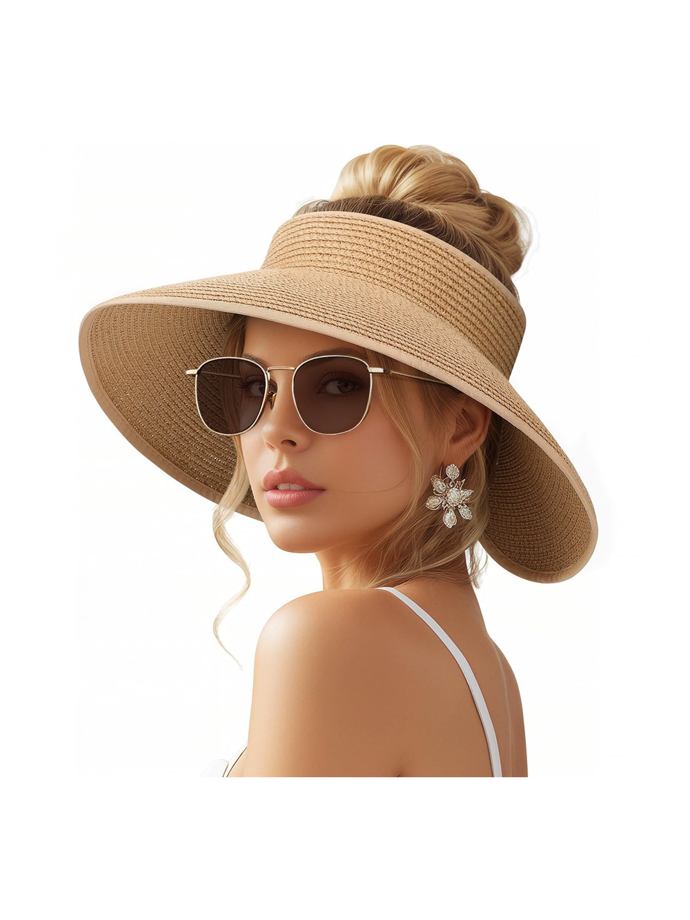 Beach Sun Straw Hats for Women, UPF 50+ UV Sun | 12Cm, Khaki | Size OS